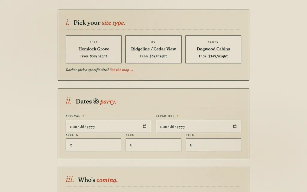 Online reservations on a campground website by Yoder Websites