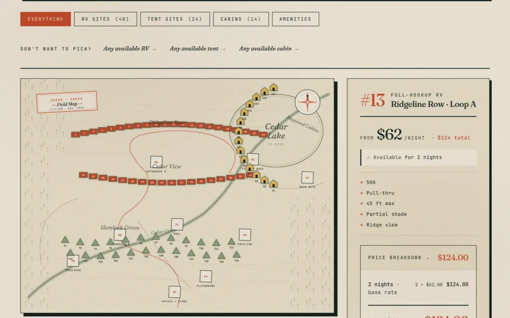 Interactive site map on a campground website by Yoder Websites